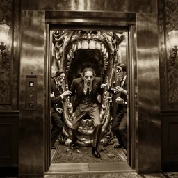 horrifying action scene sepia painting of a 1 9 2 0 s hotel elevator looking like a giant monstrous mouth, clyde caldwell, h. p. lovecraft, atmospheric lighting, brooding, painted, intricate, ultra detailed, well composed, best on artstation, cgsociety, epic, horror, stunning, gorgeous, intricate detail, much wow, masterpiece, cinematic aesthetic octane render, 8 k hd resolution,