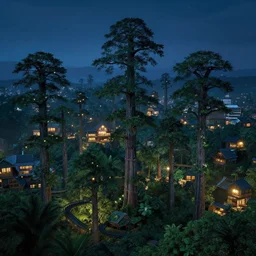 professional photo of a tree top town similar to level of donkey kong country, by discovery magazine, night time with dim lights, super tall trees, real life, photorealistic, soft focus, long exposure