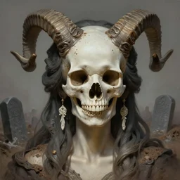 stunning modern art goddess of skull portrait, horns, skull, dirt, graveyard background fantasy, intricate, elegant, highly detailed, digital painting, artstation, concept art, smooth, sharp focus, illustration, art by afshar petros and krenz cushart and artem demura