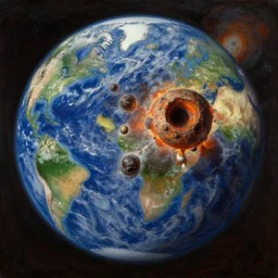 earth during the cretaceous – paleogene extinction event, just as the asteroid is colliding with earth, the asteroid later forms the chicxulub crater, in the style of hudson river school of art, oil on canvas