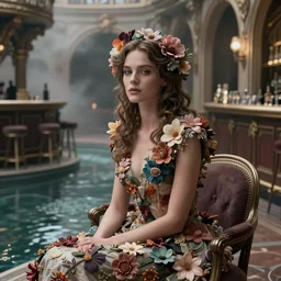 cinestill 5 0 d photography of a dystopian beautiful woman britt marling style by paolo roversi sitting in a baroque room with floor like a river, hair and dress are intricate ornamental flowers, mistyscenic dystopian environment, elegant, highly detailed, soft blur, artstation, sharp focus, head in focus, tonal matt colors