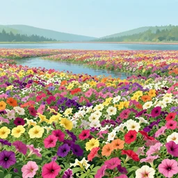 digital illustration of a lake full of multi - colored megaflora petunia flowers by dr. seuss, reimagined by ilm and beeple : 1 | spectral color, electric color, rolling hills : 0. 9 | fantasy : 0. 9 | unreal engine, deviantart, artstation, hd, 8 k resolution : 0. 8