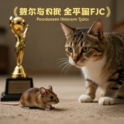 mouse discusses cat, photograph from a cinematic movie, award winning, great photography