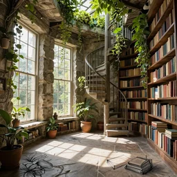 intimate detailed stone room, full of windows streaming sunlight, spiralling staircase and shelves full of books, over grown vegetation falls from the ceiling, strong shadows, full colour, hyper realistic photo, unreal engine, upscale, 8 k, masterpiece, pen and ink drawing,