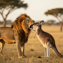 lion slap boxing a kangaroo, savannah, national geographic, golden hour, 3 5 mm