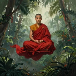 abstract illustration of a tibetan monk in lotus position flying inside tropical jungle with palm leaves in weightlessness in traditional red cloth, small foggy and gloomy, impressionism, abstract illustration by salvador dali, jeremy geddes, realistic houdini cloth simulation