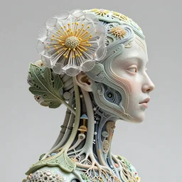 intricate hyper detailed ultra sharp 3 d render of a beautiful porcelain biomechanical woman profile portrait, 1 5 0 mm, large pore fungi embroidered, cyberpunk art nouveau, haute couture alexander mcqueen leaves stems dahlia transparent fractal dandelion yellow pistil filigree roots, intricate details, anatomical, flesh ornate, facial muscles, cable wires, elegant, hyper realistic, ultra detailed, octane render, volumetric cinematic lighting, 8 k post - production