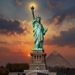 backlight on statue of liberty in post apocalyptic egypt , moody sunset and dramatic sky , color oil painting by frazetta, low angle,wide angle, cinemascope panorama