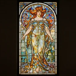 full - body stained glass artwork, imogen poots paladin, by tran nguyen, coles phillips, alphonse mucha. art nouveau neo - gothic stained glass by mucha. dota. swirly intricate glass linework background. gaudy colors, sharp edges. ultra clear detailed. 8 k. elegant. octane render