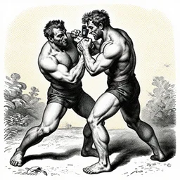 a high contrast crosshatched pen illustration of a powerful man wrestling his phone by Gustave Doré, colorful Ben Day dots