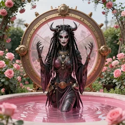 a terrifying voodoo priestess with dreadlocks and a steampunk stargate in a rose garden with a pink reflective pool, by Zdzislaw Beksinski and greg rutkowski and android jones and thomas kinkade in a surreal portrait style, oil on canvas, 8k, hd,