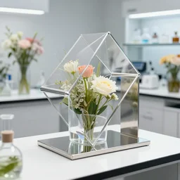flower shop by science labotory made of stainless steel and translucent, geometric figure