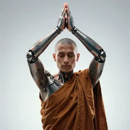 an cybernetic monk praying with hands above head, monk robe and tattoos, octane render, unreal engine, 8 k, cinematic, artwork by ilya kuvshinov