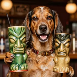 a closeup photorealistic photograph of happy snoop dogg at trader vic's bar holding up a trader vic's tiki mug featuring the face of snoop dogg tiki culture. brightly lit scene. this 4 k hd image is trending on artstation, featured on behance, well - rendered, extra crisp, features intricate detail, epic composition and the style of unreal engine.