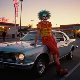 clowncar at a california drive in, in 2 0 1 2, cutecore clowncore, bathed in the the glow of the sunset, low - light photograph, in style of tyler mitchell