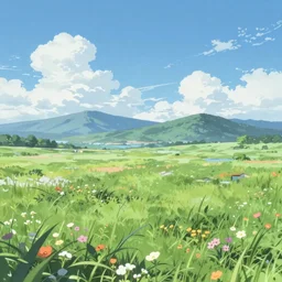 anime background grassland, flowers, summer, mountains, wind, blue sky, few clouds, a-1 pictures,