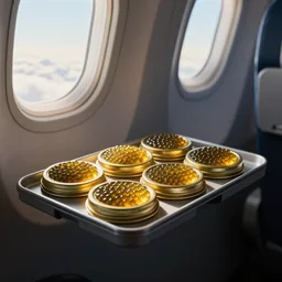 hd - go pro photo of airplane food tray filled with glowing caviar