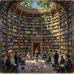 detailed artistic layout, theme of the sacred library, style of karel thole and claude monet, oil on canvas, style of expressive, powerful, evocative, natural