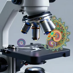 observation of fractals in a microscope, very detailed, high resolution, photorealistic, detailed shapes, sharp lines, colorful, 8k