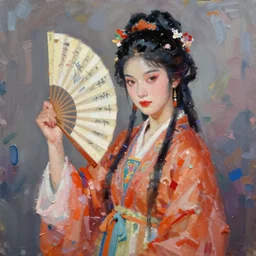 diao chan holding a fan from romance of three kingdoms in the paintetly style of WLOP, artgerm, brush stroke oil painting, imagine fx, artstation