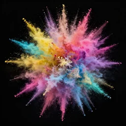 a centered explosion of colorful powder on a black background, amazing detail