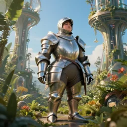 a shorty and chubby round-bodied female knight in a hi-tech botanical world with blue skies | style of donato giancola, vincent callebaut, dramatic light | high detail | cinematic lighting | pristine metals, glass, plants | solarpunk | golden hour | volumetric lighting | concept art |