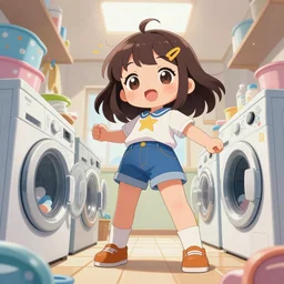 laundry time, kawaii girl, extreme kawaii, epic digital art illustration, wide angle, masterpiece, dynamic perspective, anatomy skills, outstanding detail, illustration, colorgrading, LUTs, | 28mm |, great composition