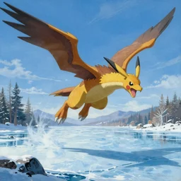 Pokemon Articuno flying above a frozen lake painted by Caravaggio. High quality.