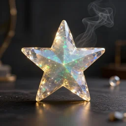 star with 5 points, translucent colorful precious crystal on a dark table, ray - tracing, beautiful, black opal, sharp focus, octane render, beautiful hdr 8 k, moody dark environment realistic, specular, detailed, unreal engine 5, golden hour, magical shimmering effect, light smoke, modern background wallpaper, wlop, chebokha, rutkowski