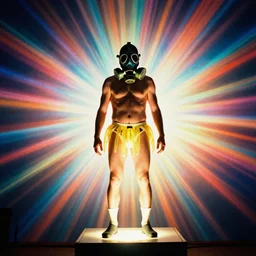 a staggeringly colorful beautiful photograph of a uranium miner wearing a squid gas mask and jellyfish underwear. he is standing on a podium, illuminated uplighting strongly from his feet. he is radially expanding at the speed of light. 3 5 mm film, perfect focus, amazing chromatic hallucinatory experience.