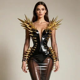 award winning high fashion shiny black transparent latex symmetrical dress with huge gold latex spikes, sexy fashion model with long hair, high - end photoshoot, soft rembrandt lighting
