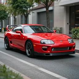 Cannon photo of red Toyota Supra Mark 4 mk4 made in 2000 front sideview parked on street
