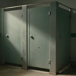 movie still of greyish green public shower with cockroachs, low quality