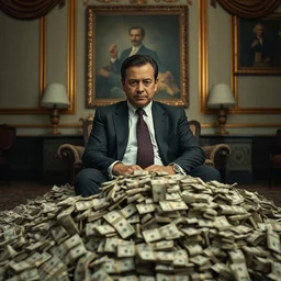film still of viktor orban sitting on a huge pile of money in a classy room, a scene from tv series narcos, narcos scene, hd, 4 k