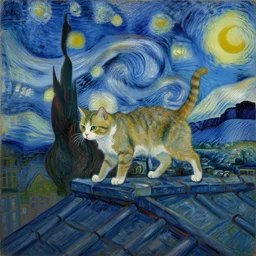 a painting of a cat walking on a roof in the city at midnight in the style of van gogh, high quality, post impressionism, detailed
