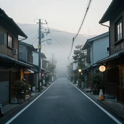 the streets of nagasaki on a foggy morning, cinematic lighting.