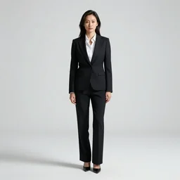 petite businesswoman in suit, cinematic studio photo, full body, standing, isolated on a pure white background, centered, whole figure in frame, sharp focus, studio lighting