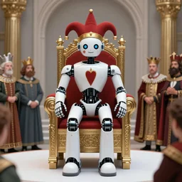 Court jester artificial intelligence robot  surrounded by crowd, next to the king's throne, 8-bit artwork, graph design, typographic, digital painting, concept art, artstation trending, 8k, symmetrical artwork