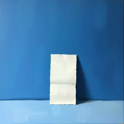 oil painting of a of paper standing vertically against a blue background, impressionist artwork