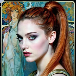 marion cotillard head and shoulders portrait of woman, cybergoth hair style, pale skin, piercing eyes, cyberpunk, vibrant color, high detail, intricate, impossible beauty, ponytail, masterpiece by craig mullins, ruan jia, peter mohrbacher, krenz cushart, norman rockwell, alphonse mucha
