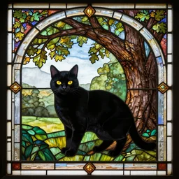 wonderful stained glass of a black cat under a beautiful oak tree on a sunny day, extremely detailed