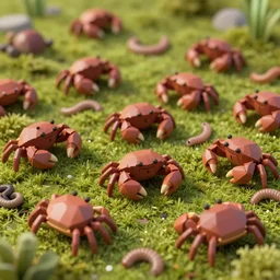 large group of crabs and worms, crawling along a bed of moss, low poly, creeper world, handcrafted, artstation, hyperrealistic, hard light, best practices, creeptastic, photorealism, macro perspective, cuddly, Voidless of the Festival!