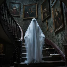 ghostly figure, inside the most haunted mansion in the world, staircase, paintings on the wall