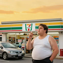 a seven eleven with an obese shop owner in a tank top smoking a cigarette, there is a honda parked in front of the store and the sky is yellow orange