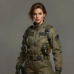 epic professional digital portrait art of woman wearing airforce jumpsuit facing camera, digital painting by artgerm and iris van herpen, artstation, cgsociety, wlop, epic, much wow, much detail, gorgeous, detailed, cinematic, masterpiece
