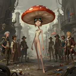 a Portrait of a thin girl in full height, elegant pose, a huge toadstool hat on her head, large eyes without a pupil hat wearing steampunk goggles and standing in the street of an intricate detailed postapocalyptic city james gurney, dan luvisi, Petros Afshar, tim hildebrandt, liam wong, Mark Riddick, thomas kinkade, ernst haeckel, dan mumford, trending on artstation, josephine wall, WLOP, cgsociety by Gediminas Pranckevicius, trending on cgsociety and DeviantArt