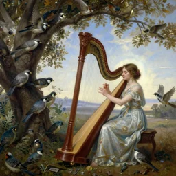 oil painting, female playing the harph while birds are listening on the tree surreal, ultra realistic, wide angle, intricate details, artifacts, luminous skies, highly detailed, michael cheval, cinematic lighting