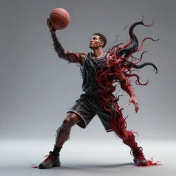 man playing basketball : : man playing basketball with black and crimson tendrils coming off of him : : renderman, 8 k, octane render, highly detailed, hyper realistic, photo realistic, cinematic, unreal engine, cgi, hd : : style lineless, retropophyperfuturism