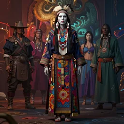 native american ghost woman wearing a necklace full body, hyper detailed, colorful palette, masterpiece, ornate dark, suehiro moaruo, katsuhiro otomo, shintaro kago, cgsociety, octane render, ambient light