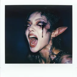 grainy color polaroid of a beautiful feminine alien with black sludge seeping from her eyes screaming while being consumed by darkness, iridescent eyes, dreamlike, digital art, ultra realistic, photorealism, intricate detail, sigma 85mm f/1.4, 4k, hd